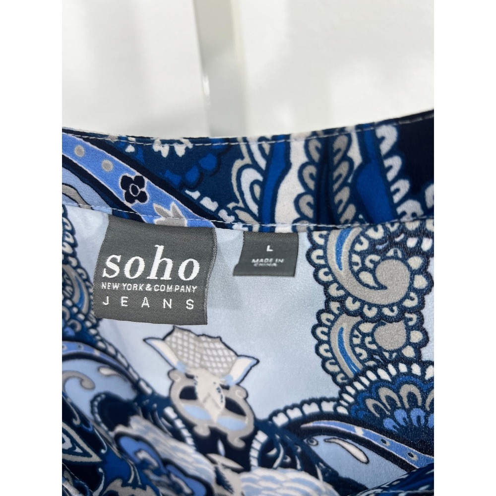 Soho New York & Company Jeans Blue Paisley Floral Print Split Neck Blouse Large